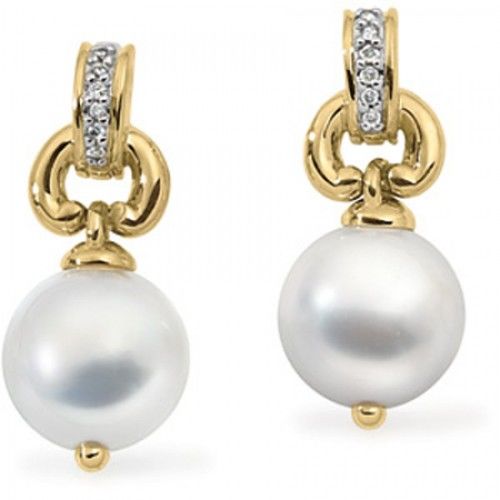10.5mm Round White Pearl and Diamond Earrings -18k