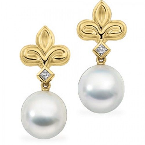 18k Yellow Gold Fleur De Lis Round White Pearl and Diamond Earrings