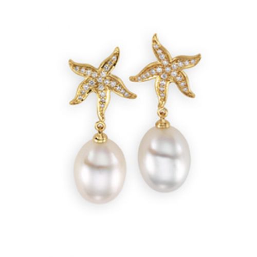 11mm Potato White Pearl and Diamond Earrings -18k
