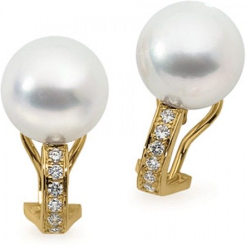 18k Yellow Gold Round White Pearl and Lined Diamond Earrings