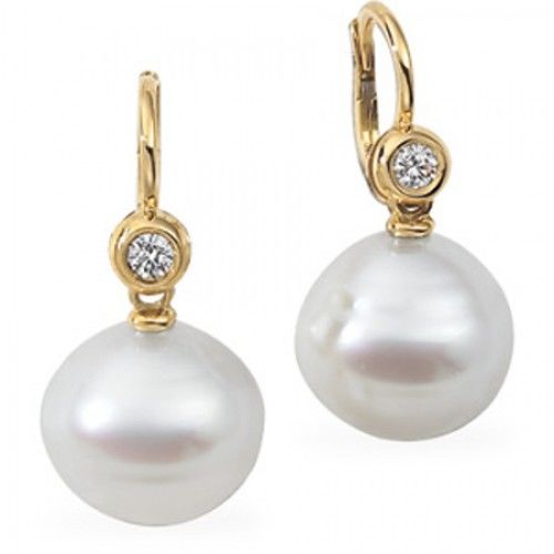 14mm Baroque White Pearl and Diamond Earrings -18k