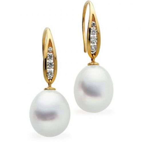 18k Yellow Gold Elongated White Pearl and Diamond Earrings