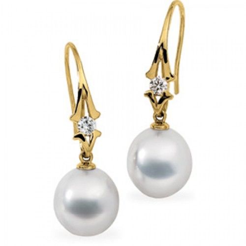 18k Yellow Gold Round White Pearl & Diamond Earrings