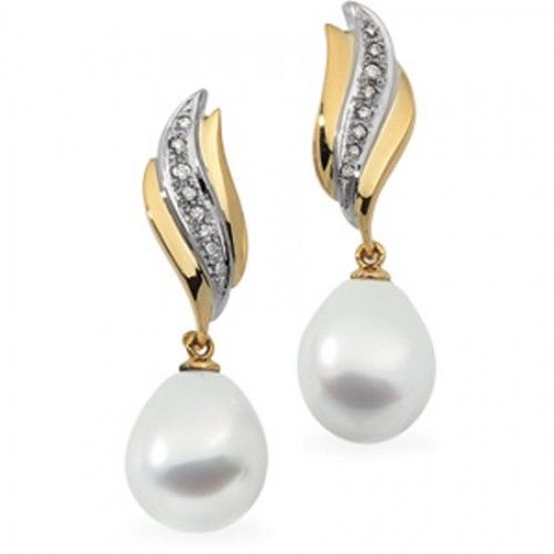 12mm Tear Drop White Pearl and Diamond Earrings -18k