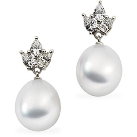 10mm Tear Drop White Pearl and Diamond Earrings -18k