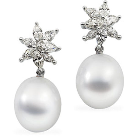 18k White Gold Tear Drop White Pearl and Diamond Earrings -18k