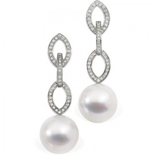 18k White Gold Round White Pearl and Link Diamond Earrings
