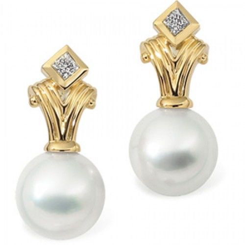 18k Yellow Gold Refined Round White Pearl and Diamond Earrings