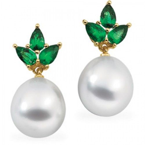 10mm Tear Drop White Pearl and Emerald Earrings -18k