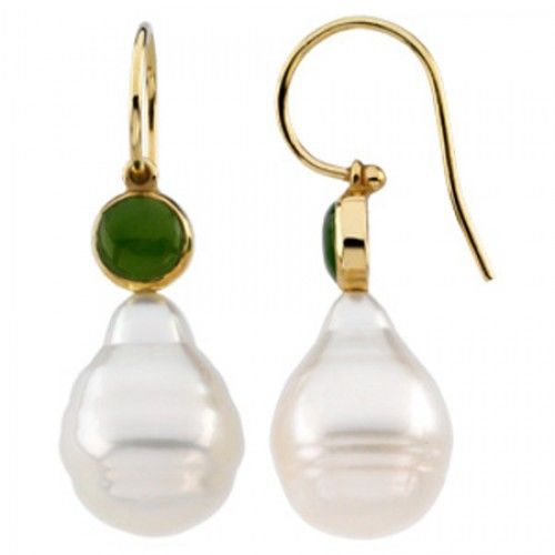 South Sea Pearl Drop Earrings and Green Jade
