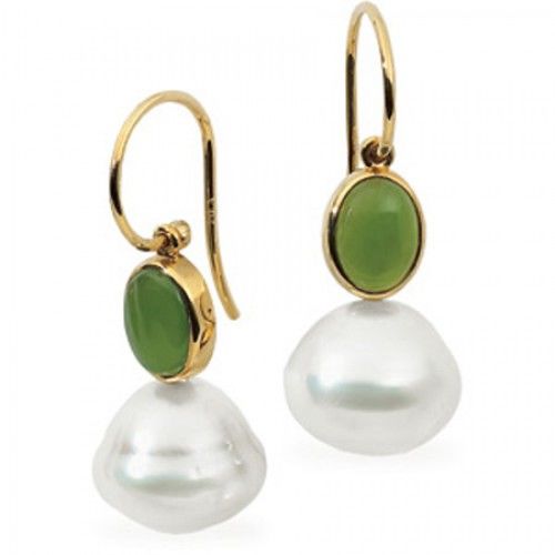 14k Yellow Gold South Sea Pearl Drop Earrings W/ Green Jade