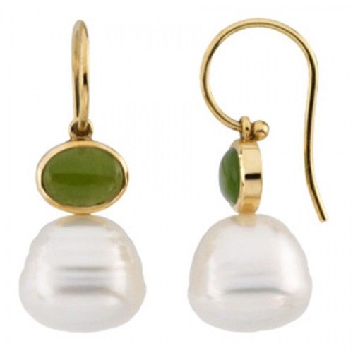 South Sea Pearl Drop Earrings with Oval Green Jade