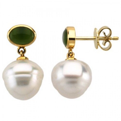 14k Yellow Gold South Sea Pearl Dangle Earrings with Green Jade