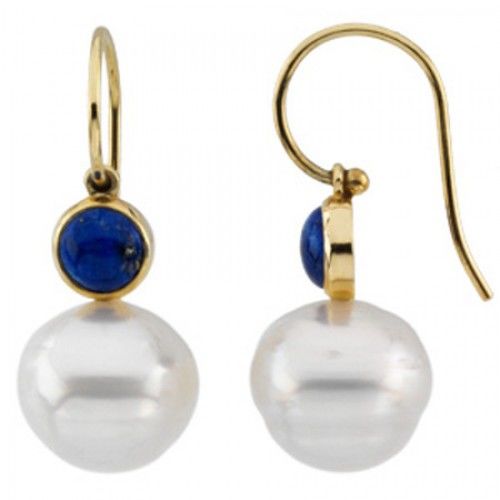 14k Yellow Gold South Sea Pearl Drop Earrings W/ Blue Lapis