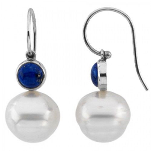 14k White Gold South Sea Pearl Drop Earrings W/ Blue Lapis