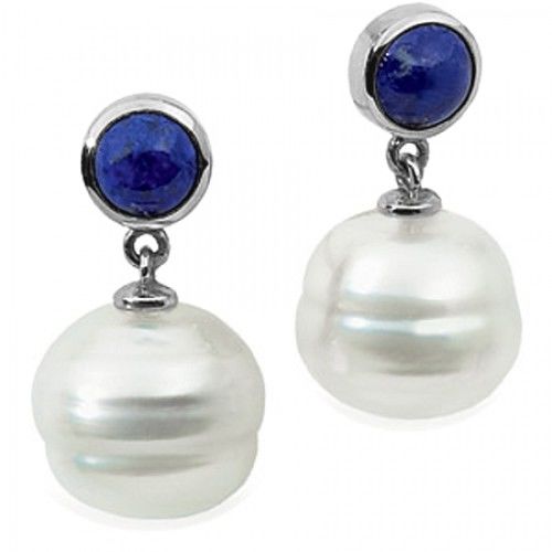 14k White Gold South Sea Pearl Dangle Earrings with Blue Lapis