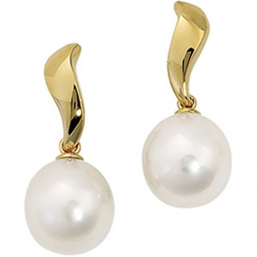 Simple 14k Yellow Gold Round White Pearl Earrings