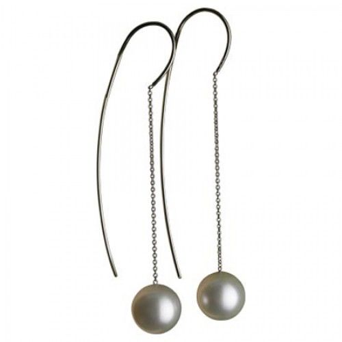 18k White Gold Threaded Round White Pearl Earrings
