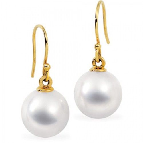 18k Yellow Gold Round White Pearl Earrings - 12mm