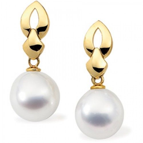18k Yellow Gold Round White Pearl Earrings W/ Hinge Design Bail