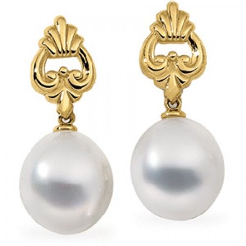 18k Yellow Gold Victorian Style Elongated White Pearl Earrings