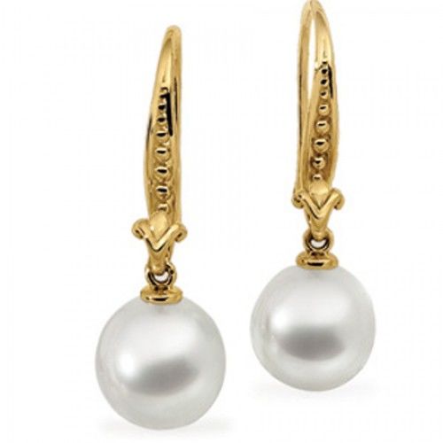 18k Yellow Gold Round White Pearl Earrings - 11mm