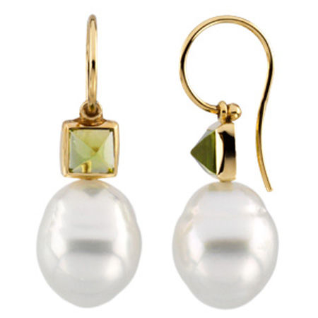 South Sea Pearl Drop Earrings with Green Peridot