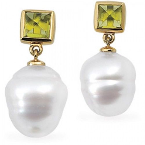 14k Yellow Gold South Sea Pearl Dangle Earrings W/ Green Peridot