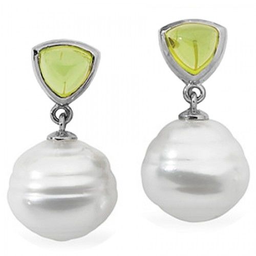 14k White Gold Natural South Sea Pearl Dangle Earrings with Green Peridot