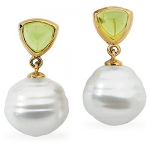14k Yellow Gold South Sea Pearl Dangle Earrings with Light Green Peridot