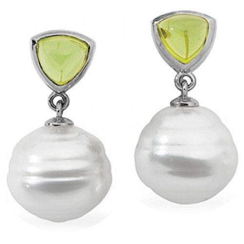 South Sea Pearl Dangle Earrings with Green Peridot
