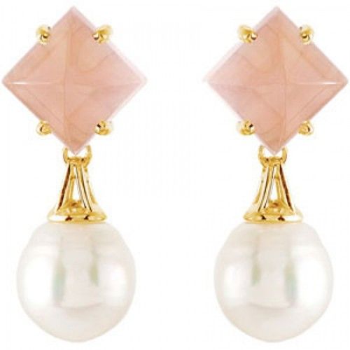 12mm Baroque White Pearl and Rose Quartz Earrings -18k
