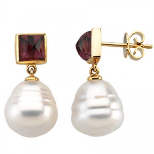 South Sea Pearl Dangle Earrings and Red Rhodolite