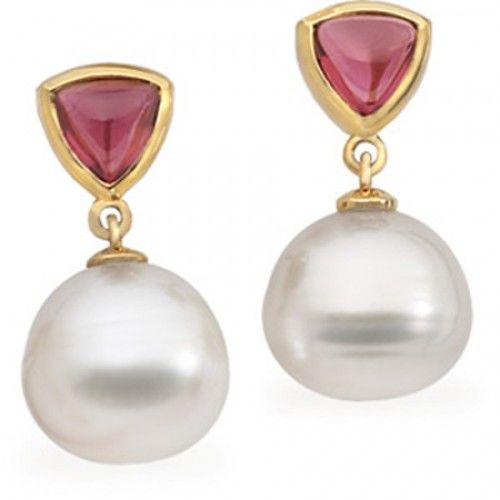 14k Yellow Gold South Sea Pearl Dangle Earrings with Red Rhodolite
