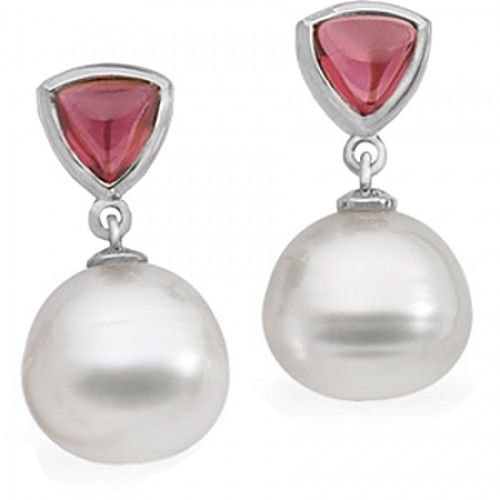 14k White Gold South Sea Pearl Dangle Earrings with Red Rhodolite