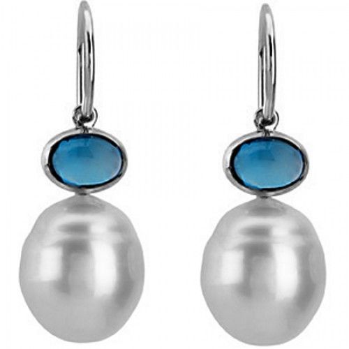 14k White Gold Baroque White Pearl and Light Blue Topaz Earrings