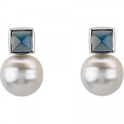14k White Gold Round White Pearl and Blue Topaz Earrings - 12mm