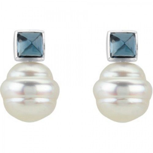 14k White Gold Baroque White Pearl and Square Shape Blue Topaz Earrings
