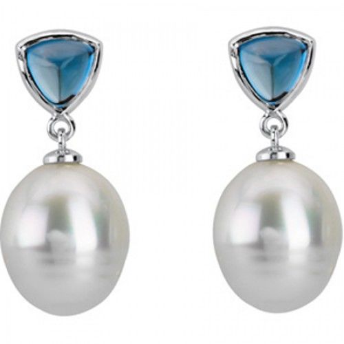 14k White Gold Tear Drop White Pearl and Blue Topaz Earrings