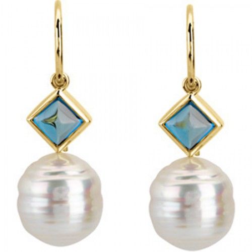 14k Yellow Gold Baroque White Pearl and Diamond-Shaped Blue Topaz Earrings