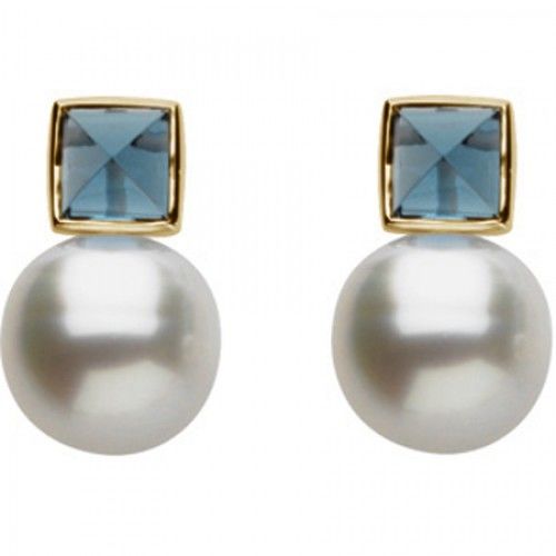 14k White Gold Round Snow White Pearl and Blue Topaz Earrings