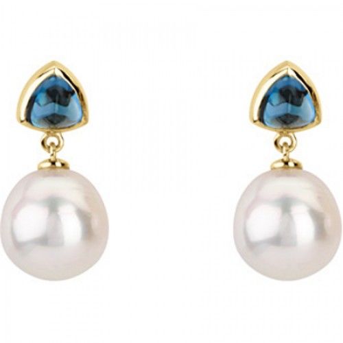 14k White Gold Round White Pearl & Blue Topaz Earrings - 11mm