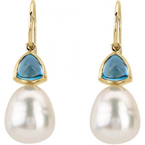 14k Yellow Gold Tear Drop White Pearl and Blue Topaz Earrings