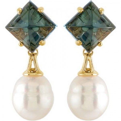 18k Yellow Gold Baroque White Pearl and Blue Topaz Earrings