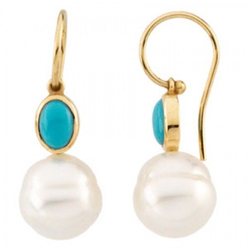 14k Yellow Gold South Sea Pearl Drop Earrings W/ Blue Green Turquoise