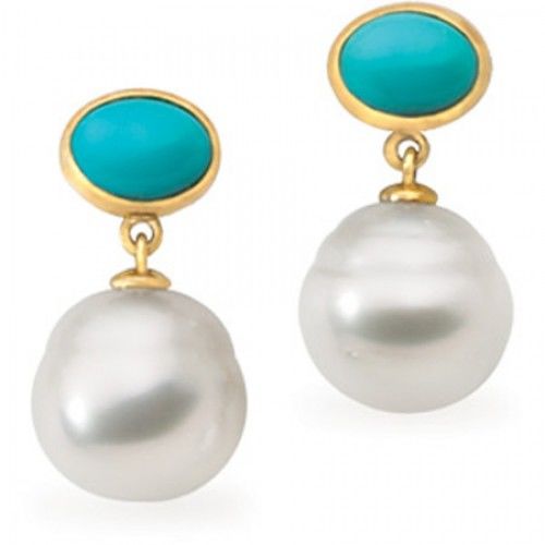 South Sea Pearl Dangle Earrings W/ Blue Green Turquoise