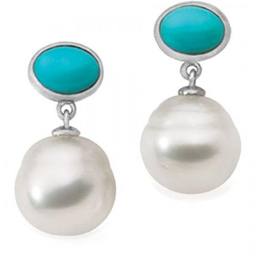 14k White Gold South Sea Pearl Dangle Earrings with Blue Green Turquoise