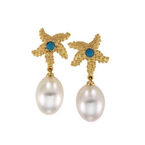 18k Yellow Gold White Pearl and Starfish Turquoise Earrings