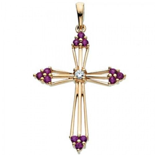 Ruby and Diamond Cross Pendant in Yellow Gold 14k New - 0.376cttw