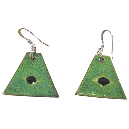 Triangular Enamel on Copper Earrings - Green with Black (Chile)